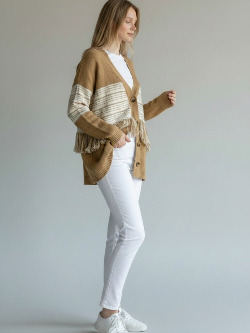 Peace Love World Tan & Cream Fringe Open Cardigan Sz M - GORGEOUS!